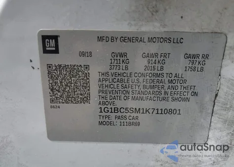 2019 Chevrolet Cruze Ls из США, поврежденный, VIN 1G1BC5SM1K7110801